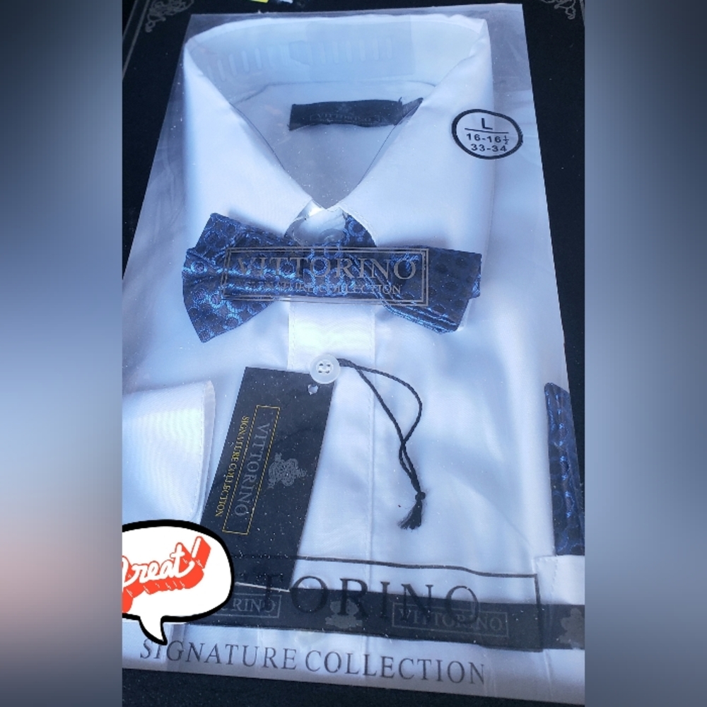 Vittorino Men's White Dress Shirt With Bow Tie Sz-L 16-½ 33-34